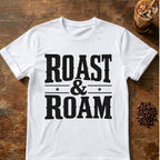 Cat coffee graphic for Roast and Roam on white T-shirt