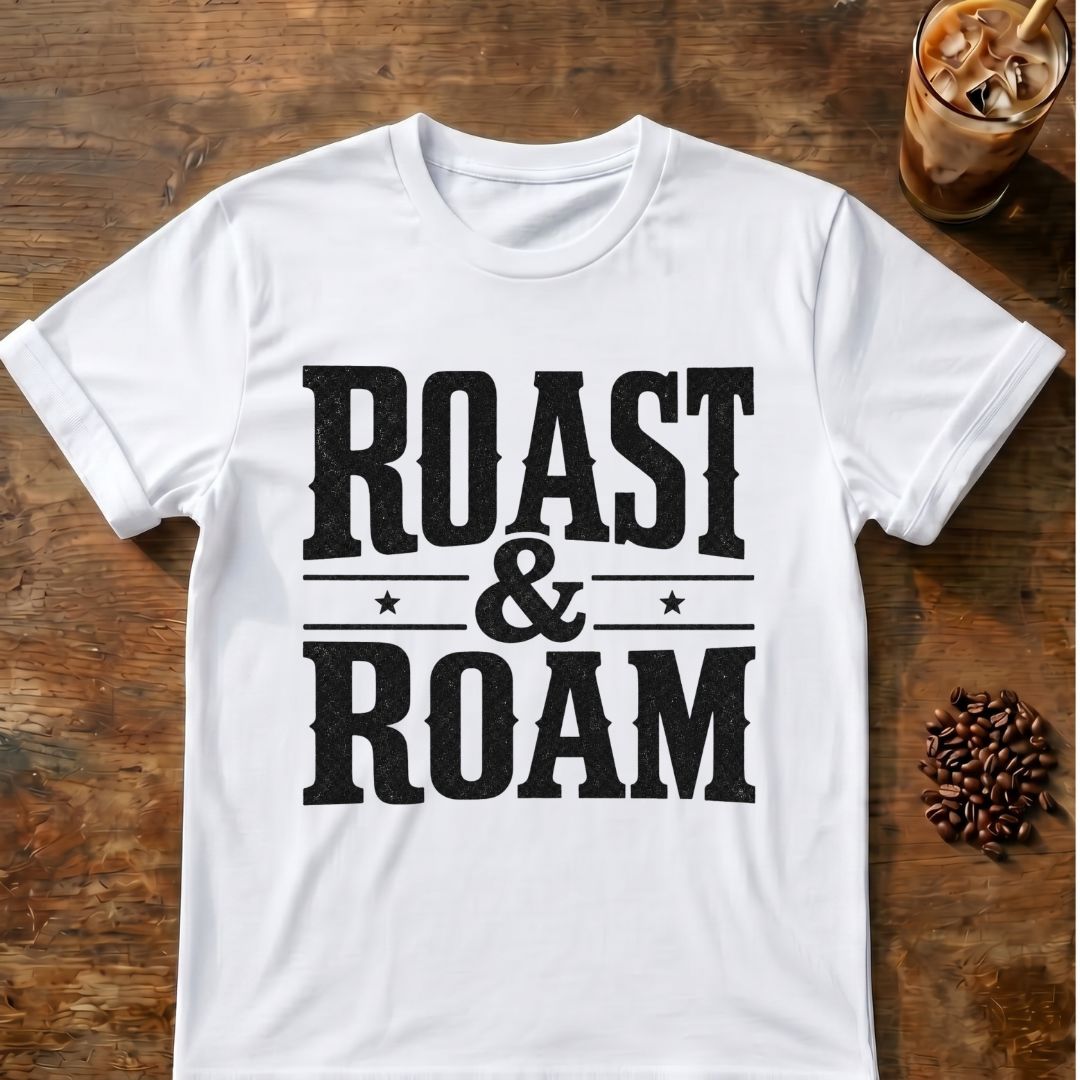 Cat coffee graphic for Roast and Roam on white T-shirt