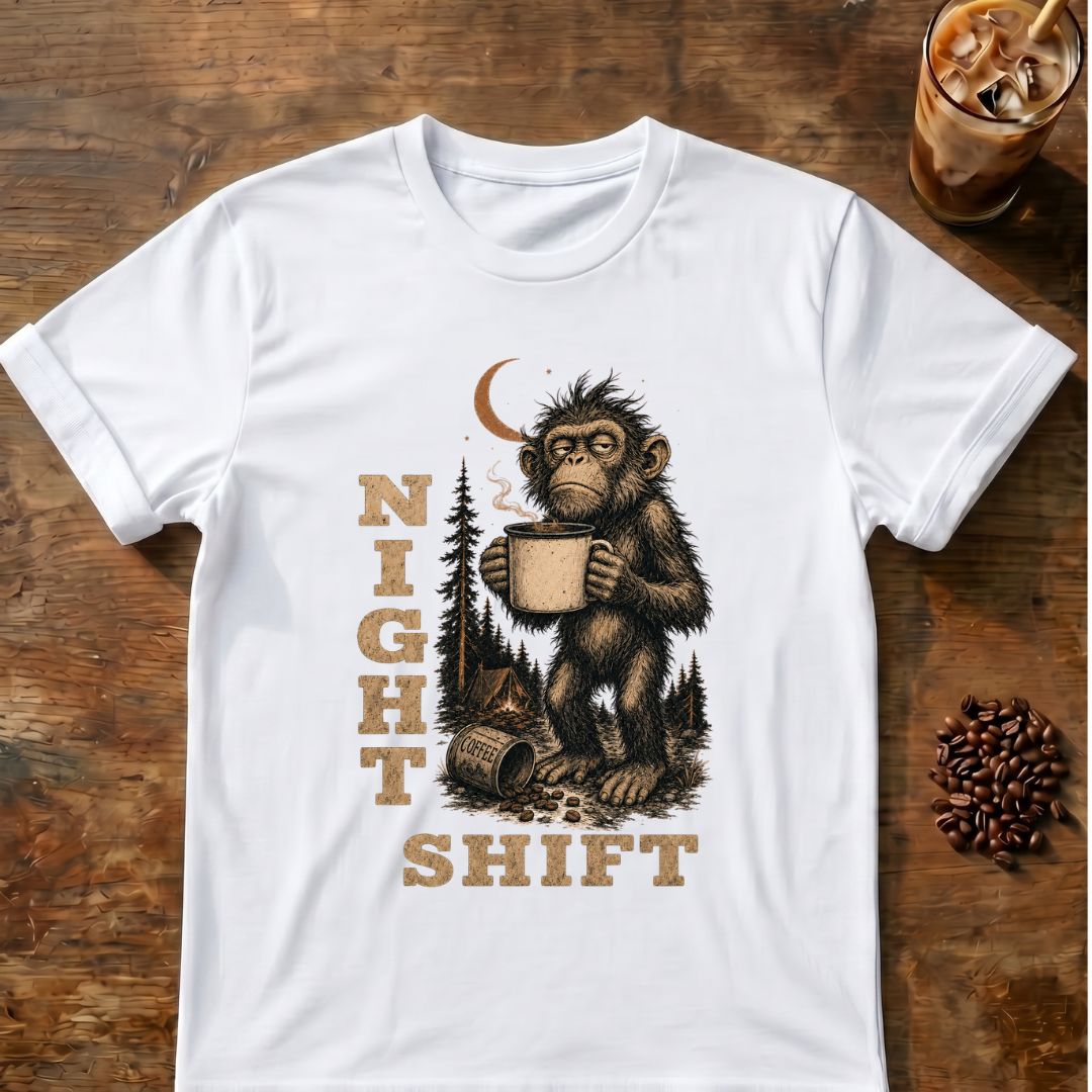 Tired monkey holding a large steaming coffee mug at a moonlit campsite with vertical “Night Shift” text