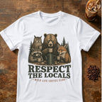 Raccoon coffee graphic for Respect the Locals Coffee Club on white T-shirt
