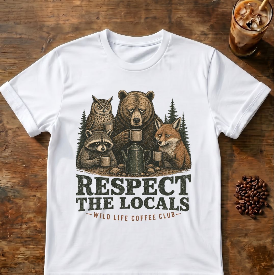 Raccoon coffee graphic for Respect the Locals Coffee Club on white T-shirt