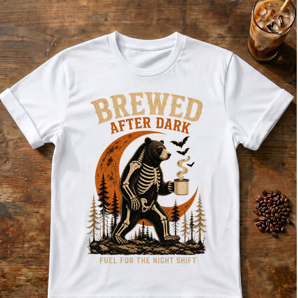 Bear coffee graphic for Brewed After Dark Bear Halloween on white T-shirt