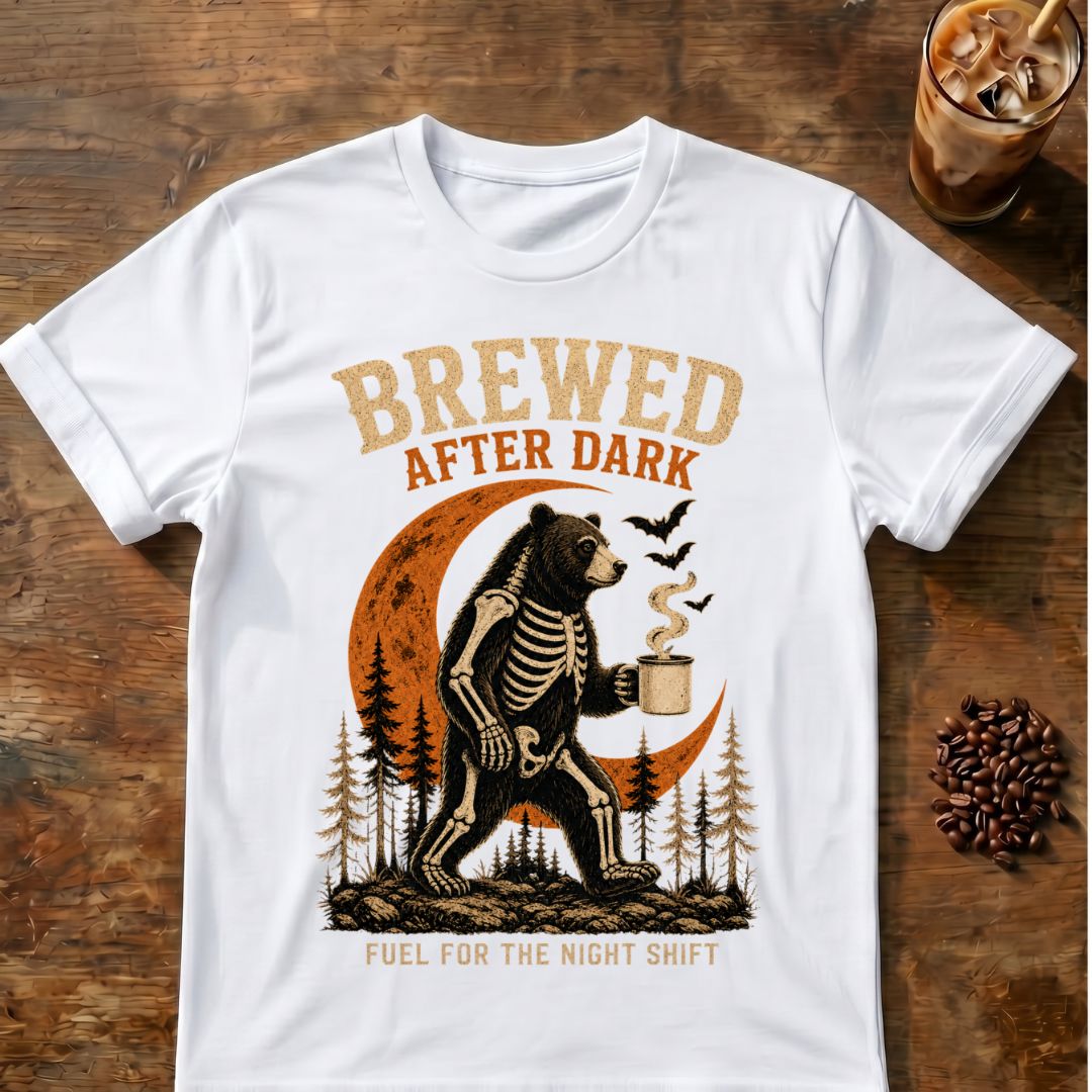 Bear coffee graphic for Brewed After Dark Bear Halloween on white T-shirt