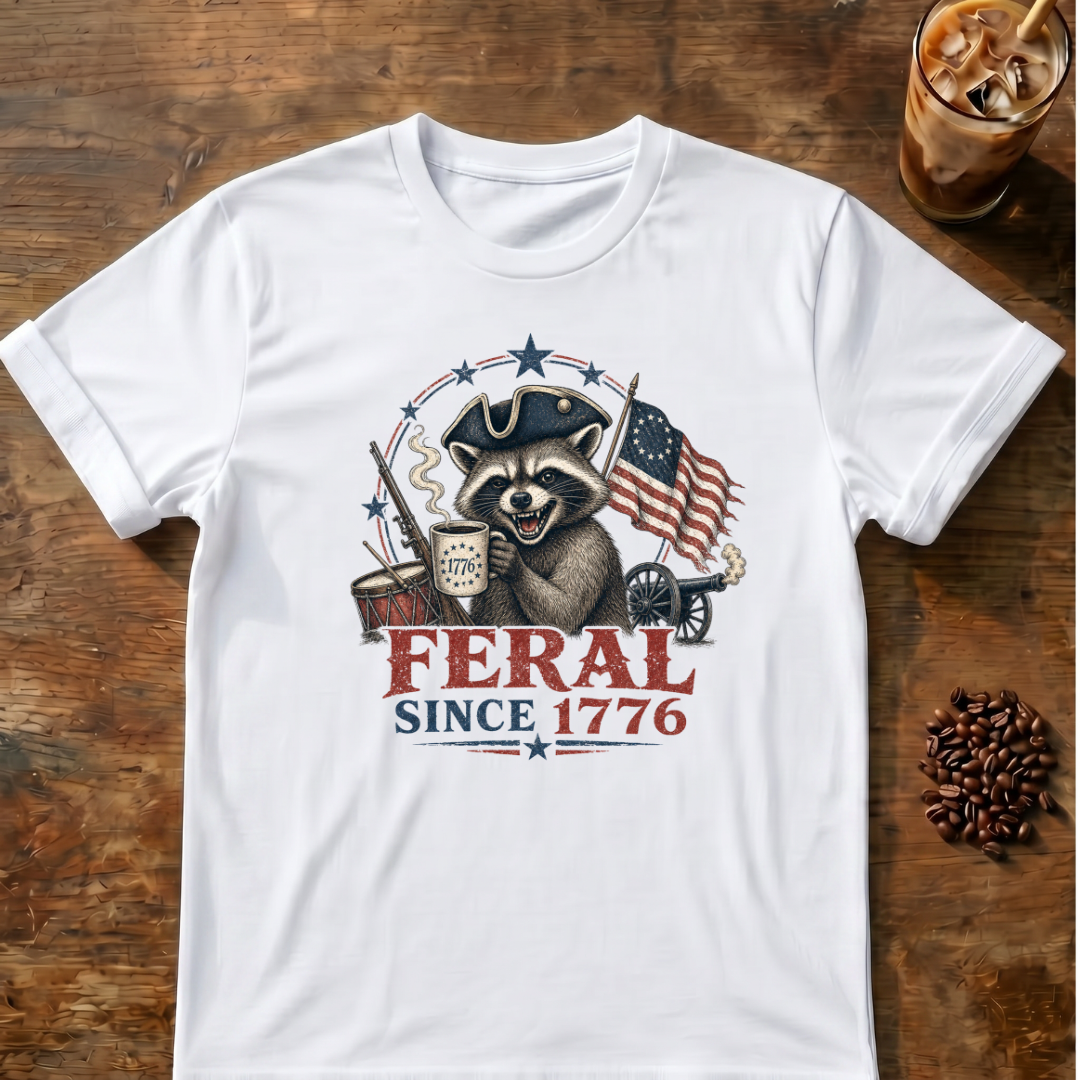 Feral Since 1776 T-Shirt — Patriotic Raccoon Flag Tee