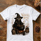 Raccoon coffee graphic for Witch's Brew Raccoon Coffee on white T-shirt