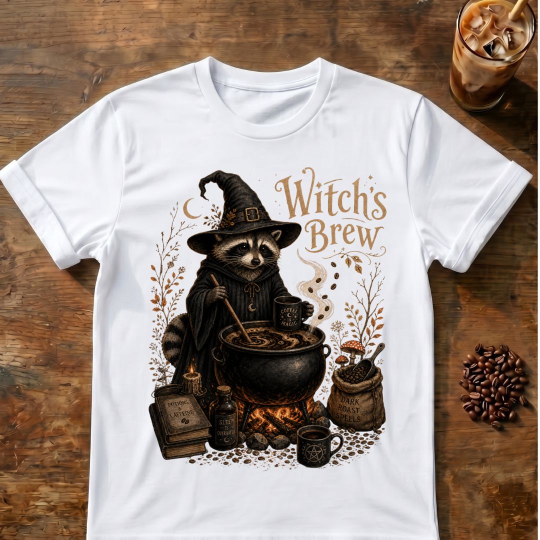 Raccoon coffee graphic for Witch's Brew Raccoon Coffee on white T-shirt