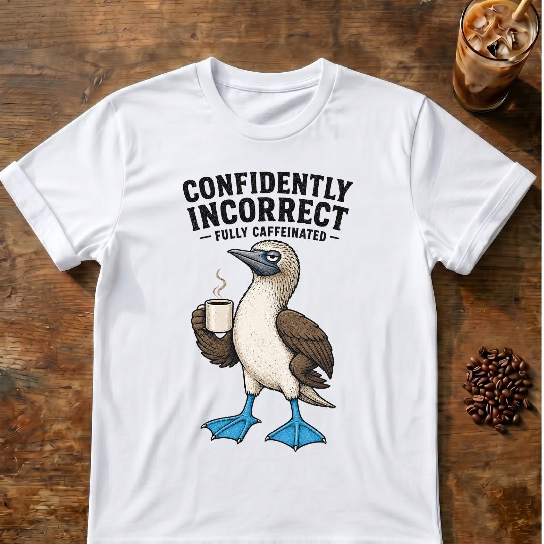 Blue-footed booby “Confidently Incorrect” graphic on a White T-shirt