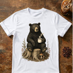 Bear coffee graphic for Sleepy Bear Coffee on white T-shirt