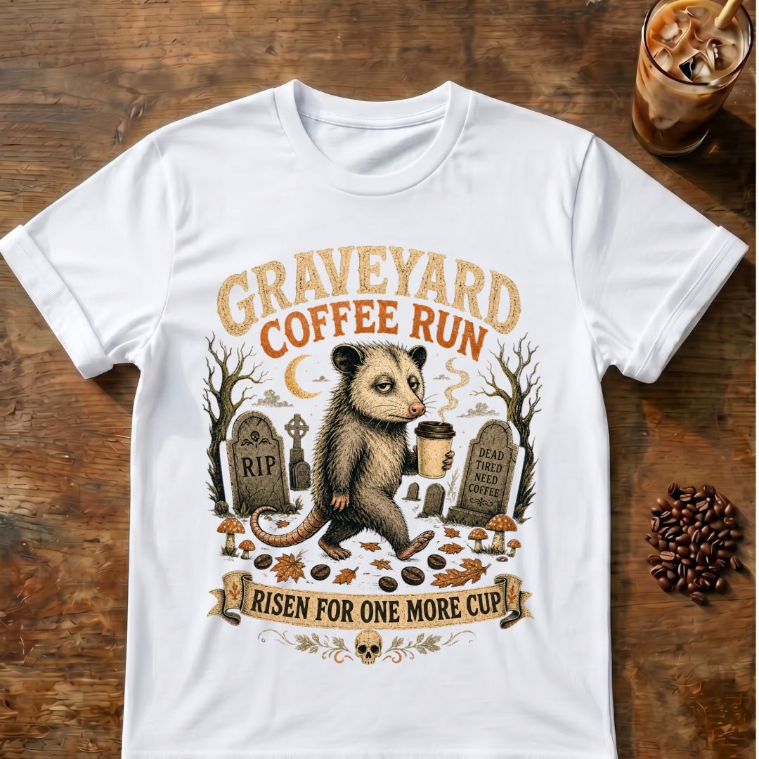 Opossum coffee graphic for Graveyard Coffee Run Opossum on white T-shirt