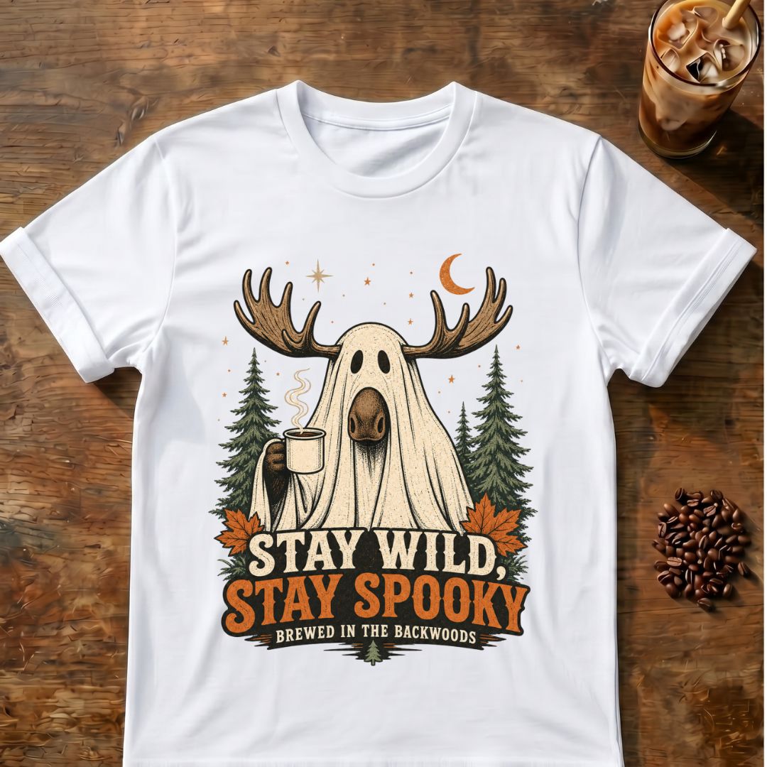 Moose coffee graphic for Stay Wild Stay Spooky Moose on white T-shirt