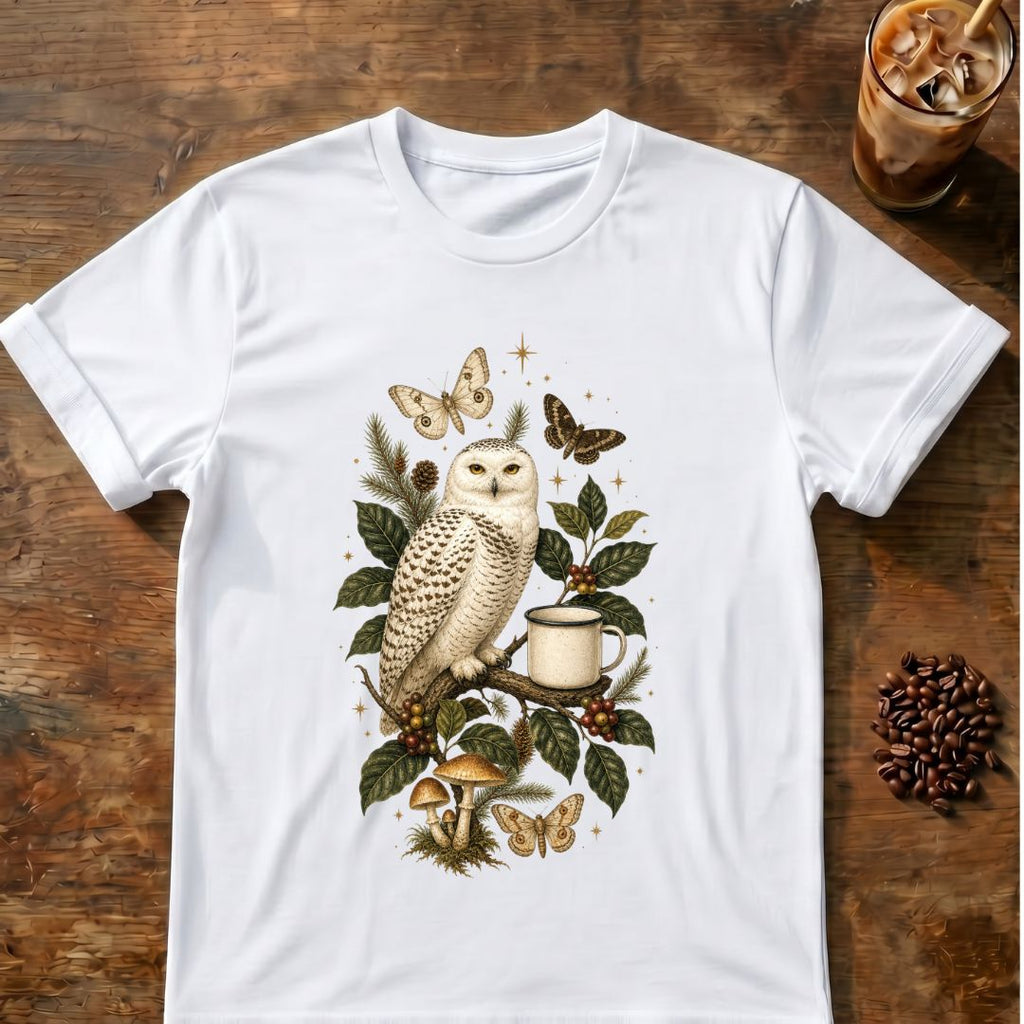 Butterfly coffee graphic for Snowy Owl Coffee Botanical on white T-shirt