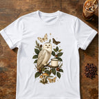 Butterfly coffee graphic for Snowy Owl Coffee Botanical on white T-shirt