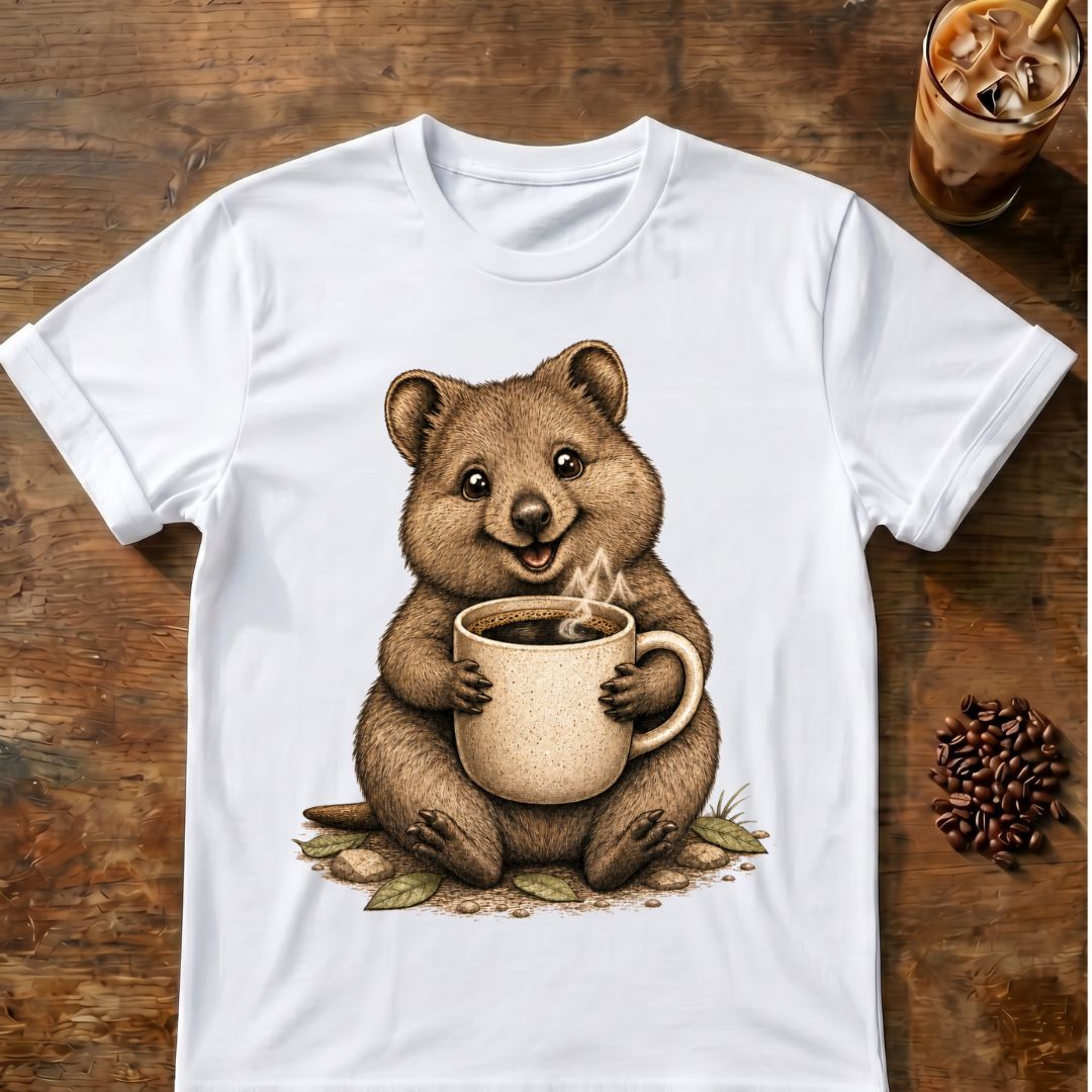 Quokka coffee graphic on a White T-shirt