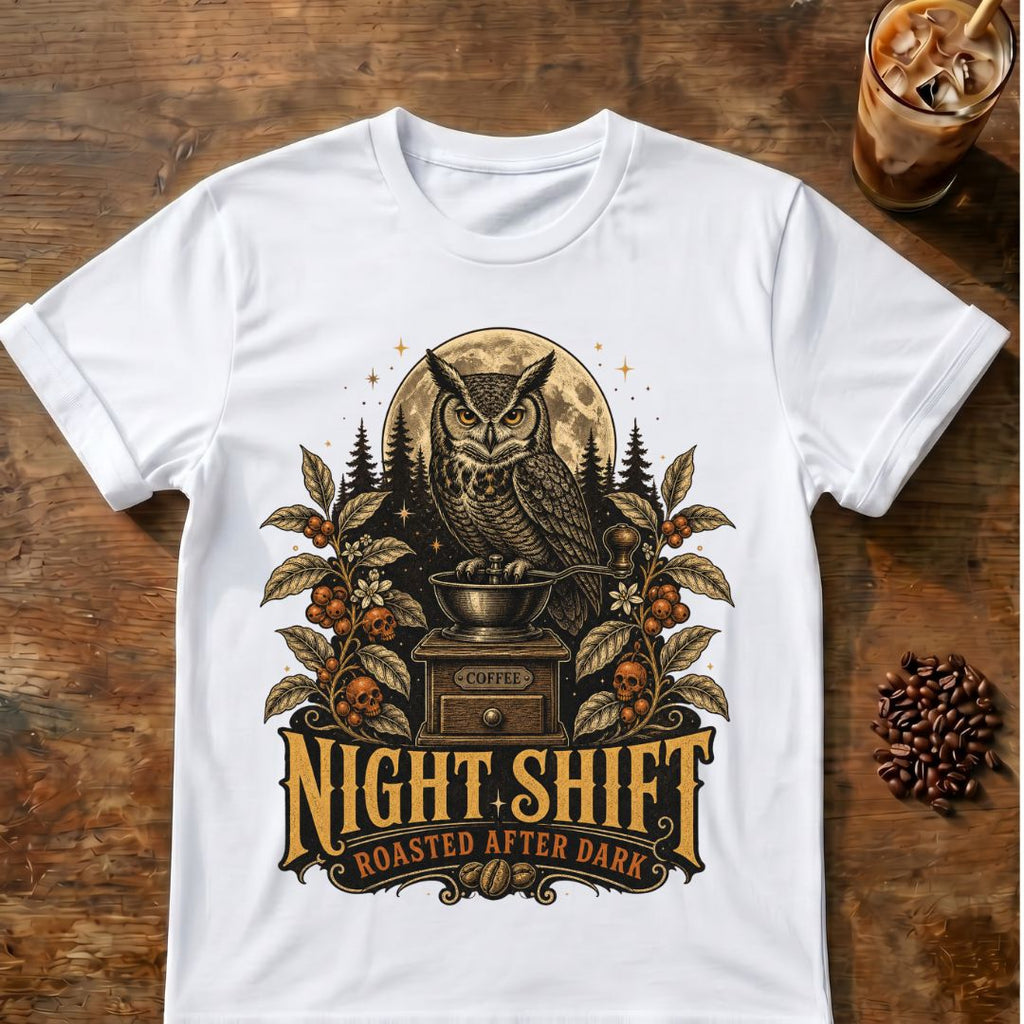 Owl coffee graphic for Night Shift Owl Coffee on white T-shirt