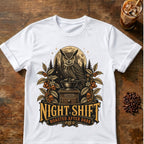 Owl coffee graphic for Night Shift Owl Coffee on white T-shirt