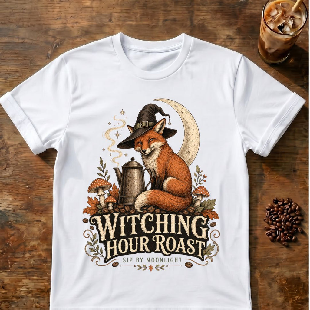 Fox coffee graphic for Witching Hour Roast Fox on white T-shirt