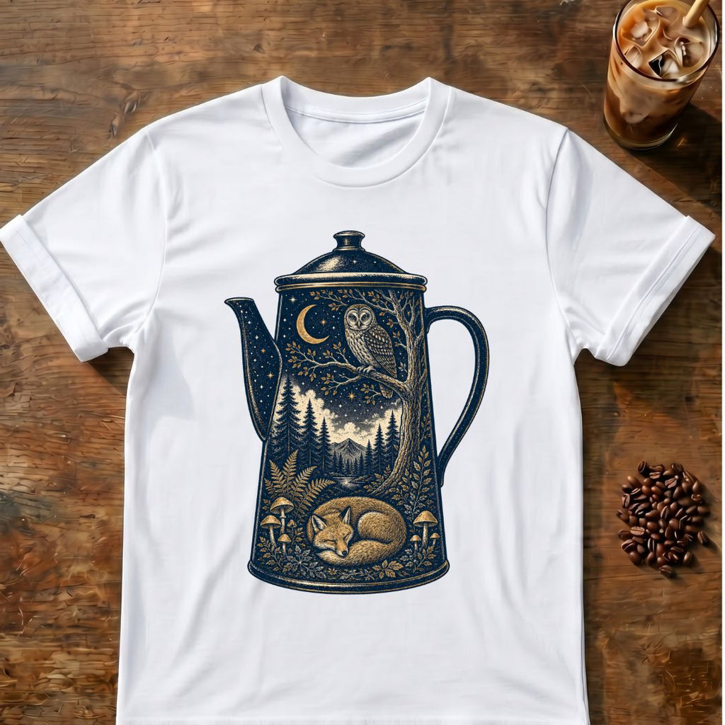 Owl coffee graphic for Moonlit Woodland Coffee Pot on white T-shirt