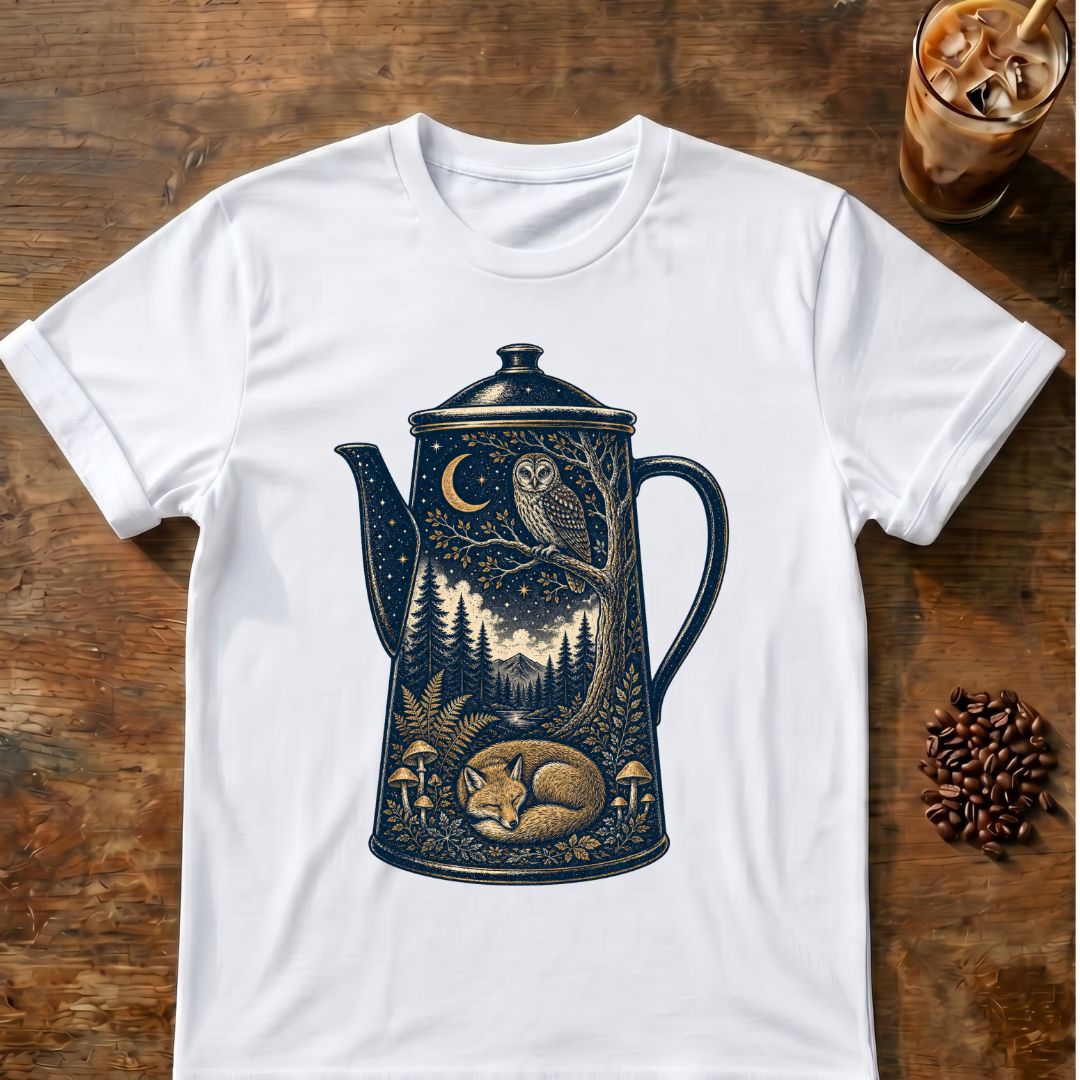 Owl coffee graphic for Moonlit Woodland Coffee Pot on white T-shirt