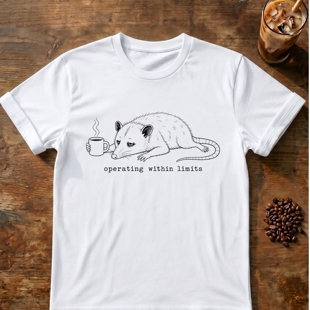 Opossum coffee graphic for Possum operating within limits on white T-shirt