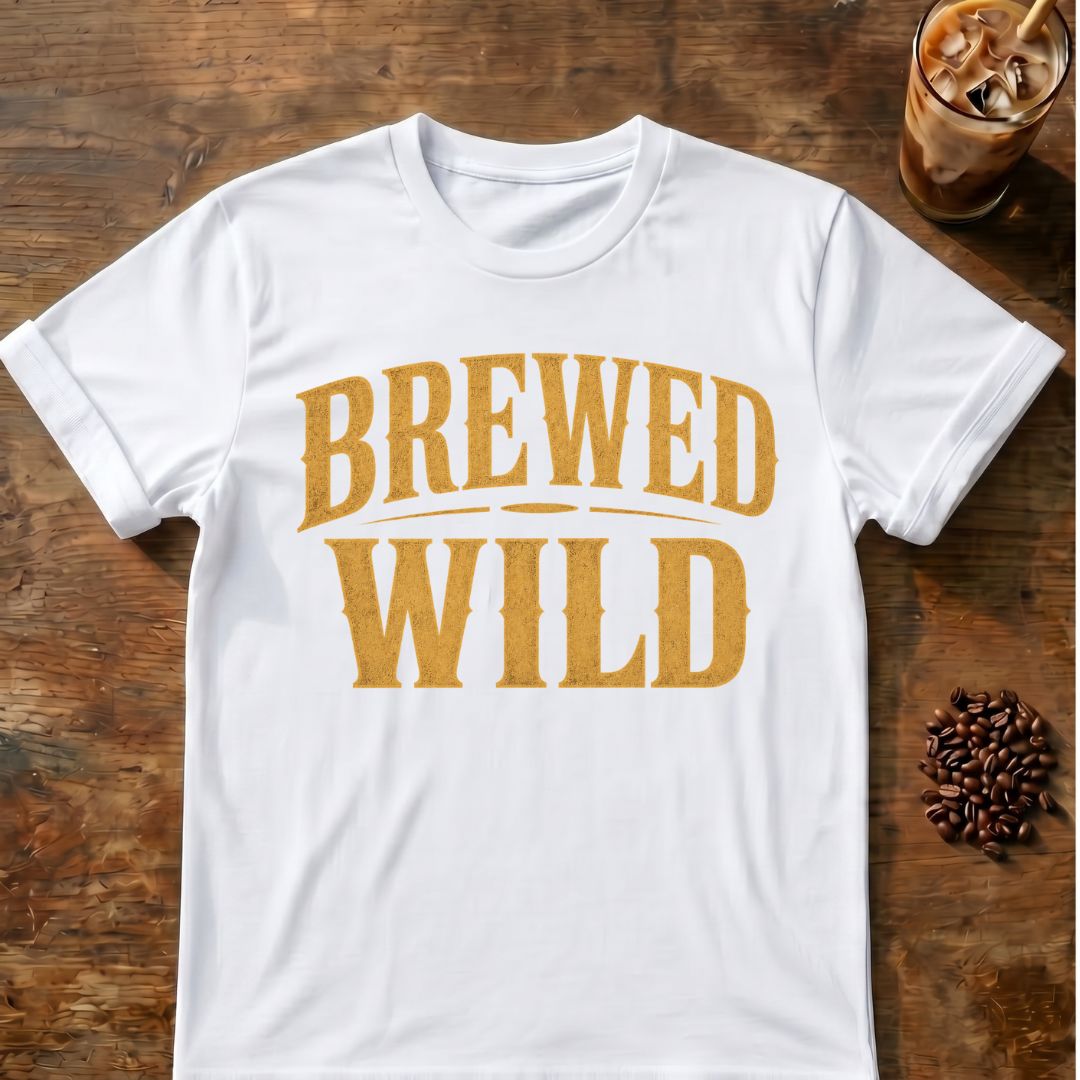 Coffee graphic for Brewed Wild Text on white T-shirt