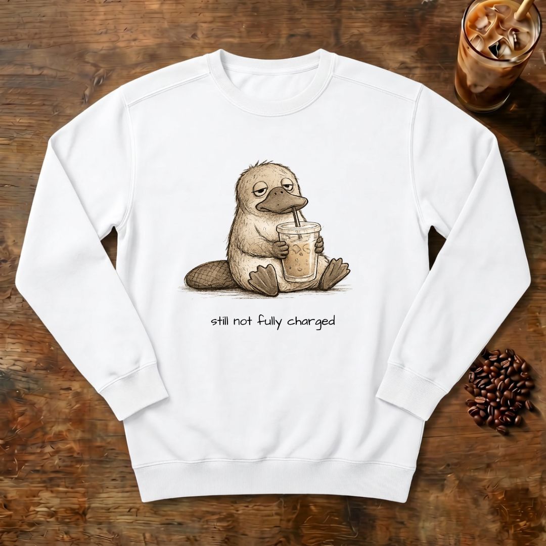 Still Not Fully Charged Platypus Sweatshirt in White, a sleepy platypus sipping iced coffee