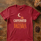 Typography graphic for Caffeinated & Seasonally Unstable on cardinal-red T-shirt