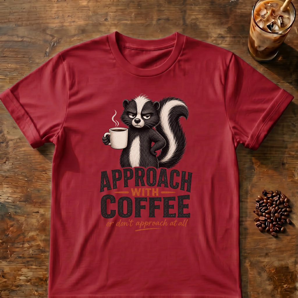 Grumpy skunk holding a steaming coffee mug above bold text reading Approach With Coffee, with orange script below saying or don’t approach at all. Cardinal Red