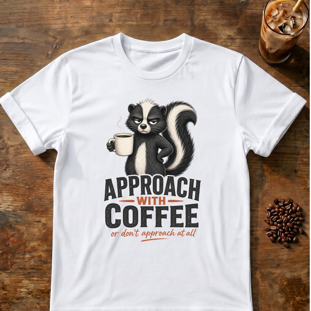 Grumpy skunk holding a steaming coffee mug above bold text reading Approach With Coffee, with orange script below saying or don’t approach at all. White
