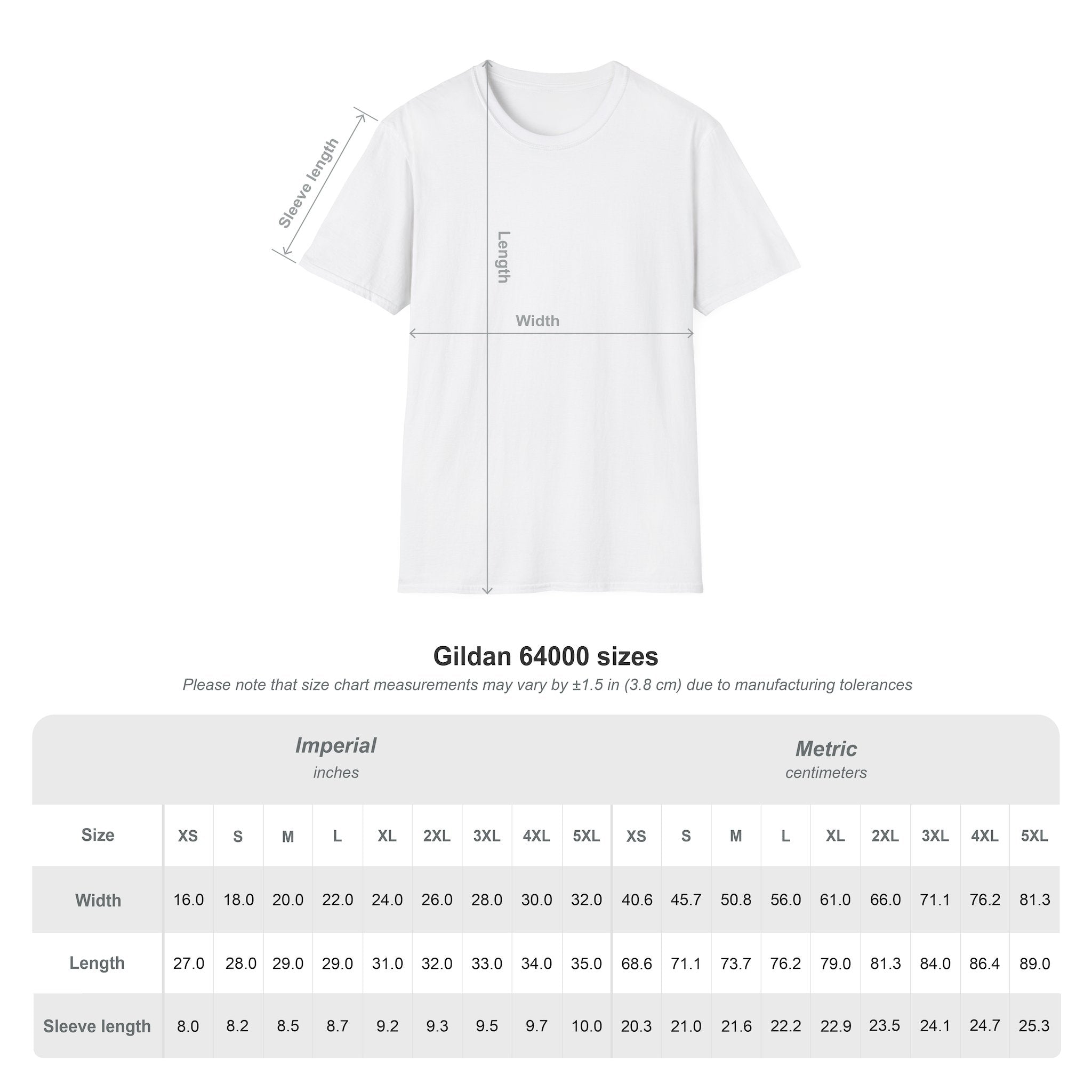 Gildan 64000 T-shirt sizing guide